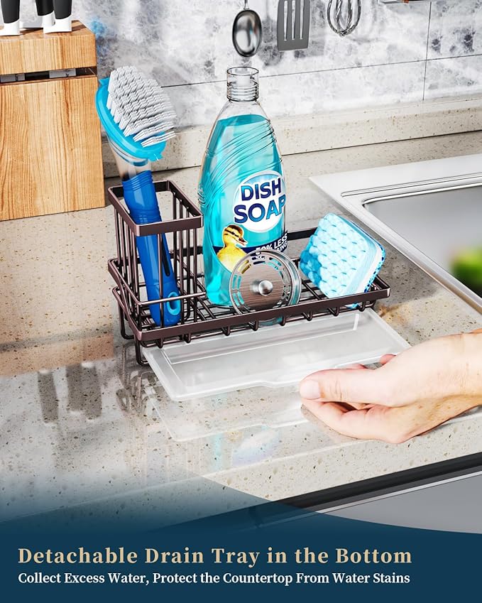 Consumest Sink Caddy Kitchen Organizer, Sponge Holder for Kitchen Sink with Removable Drip Tray for Countertop Dish Soap Holder Dispenser Brush Holder, 304 Stainless Steel - Bronze-NeatNest