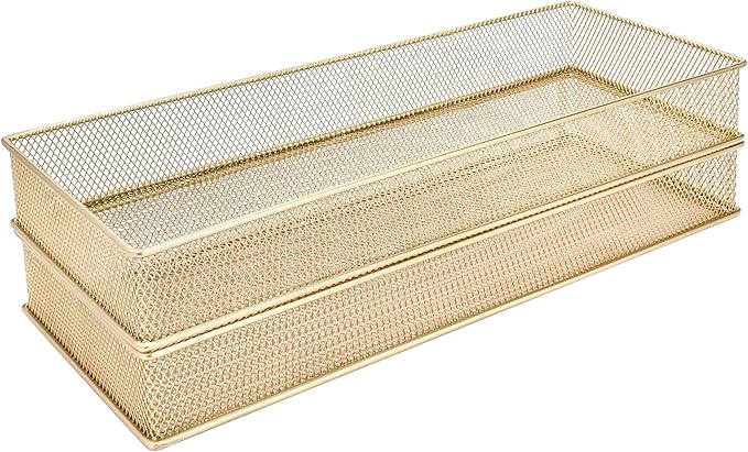 Annova Mesh Stackable Drawer Cabinet and Shelf Organizer Bins Storage Basket School Office Supply Holder Tray- Set of 2 (Gold, 6x15x2 Inch)-NeatNest