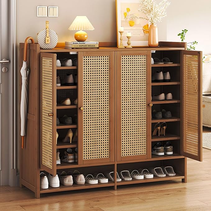 Bamboo Shoe Cabinet, 8-Tier Shoe Storage Cabinet with Doors, Freestanding Bamboo Shoe Rack Organizer with Shelves for Entryway, Hallway, Closet, Living Room (Brown-4)
