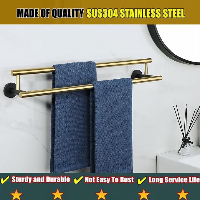 Alise Double Bath Towel Bars,24 Inch Towel Racks for Bathroom,SUS304 Stainless Steel Towel Holder,Towel Holder Wall Mount,Toilet Kitchen Towel Rod,Brushed Gold and Black Finish Towel Rail,GYT6902-GB