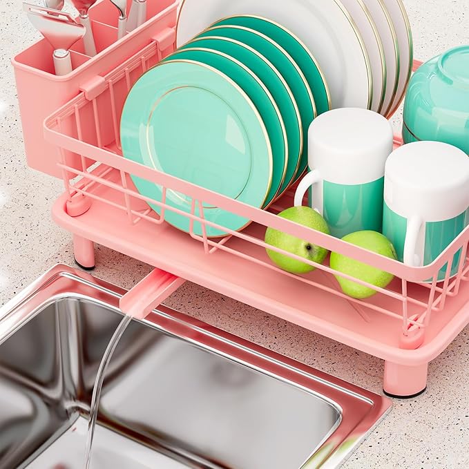 Small Dish Drying Rack, Space Saving Dish Racks for Kitchen Counter, Kitchen Organizer Dish Drainer with Cutlery Holder for Spoons and Forks, 11''W x 15''L, Pink