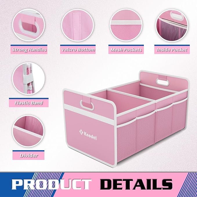 K KNODEL Car Trunk Organizer, Foldable Organizer for Car, Automotive Consoles & Organizers, Storage with Reinforced Handles (Small, Pink)-NeatNest