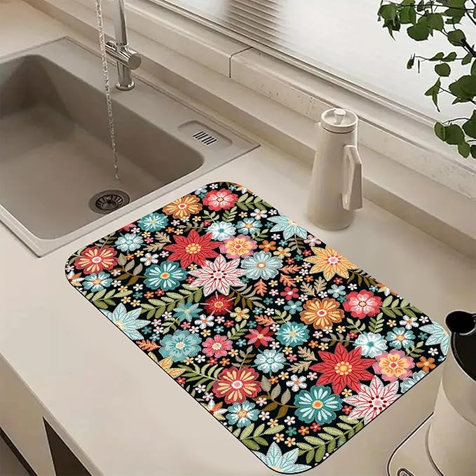 Colorful Embroidery Flowers Dish Drying Mats Super Absorbent Dish Drainer Rack Pad Non-Slip Drying Mat for Kitchen Counter, 20"x12"-NeatNest