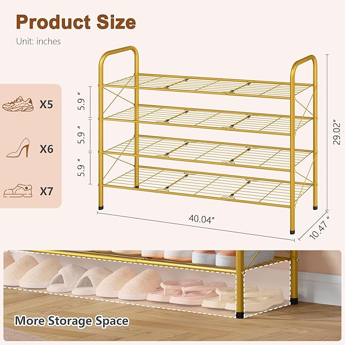 Hoctieon 4 Tier Mesh Style Shoe Rack, Entryway Shoe Shelf, Shoe Storage Organizer, Shoe Rack for Closet, Space Save for Bathroom, Garage, Hallway, Bedroom, Living Room, Gold-NeatNest