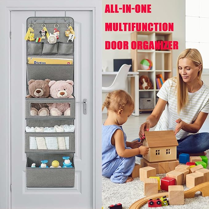 VICTORICH All-IN-ONE Over the Door Organizer, Super Behind the Door Storage Organizer with Door Rack and Large Clear Windows, Wall File Organizer, Hanging Organizer (New Linen Gray)