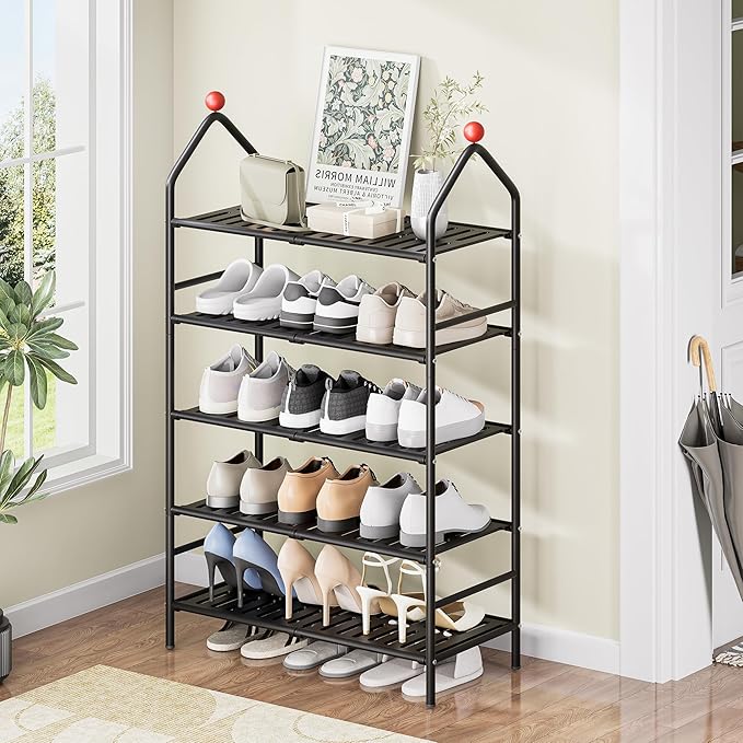 Shoe Rack, 5-Tier Shoe Organizer, Metal Storage Shelf, Shoe Rack for Closet, Free Standing Shoe Racks for Entryway, Garage & Doorway, Sturdy Shoe Shelves, Black-NeatNest