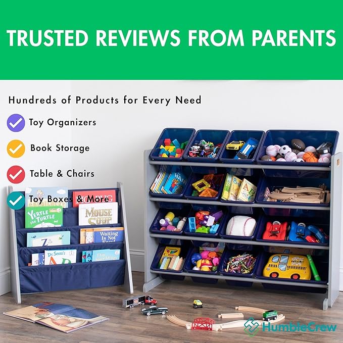 Humble Crew 4-Tier Kids Bookshelf, Grey Wood/Navy - Premium Book Shelf for Kids Rooms with Four Deep Pockets - Toddler Sling Book Rack with Deep Sleeves, Nursery Bookcase Organizer