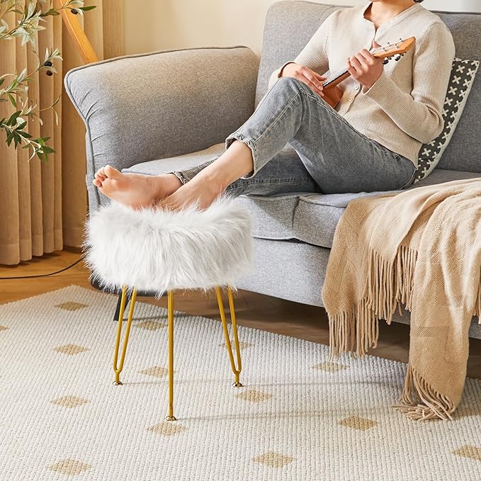 IBUYKE Faux Fur Vanity Stool Chair, Furry Makeup Stool Ottoman, Soft Padded Seat, Round Footrest Footstools with 4 Metal Legs, for Living Room Bedroom Entryway, White LG-32W
