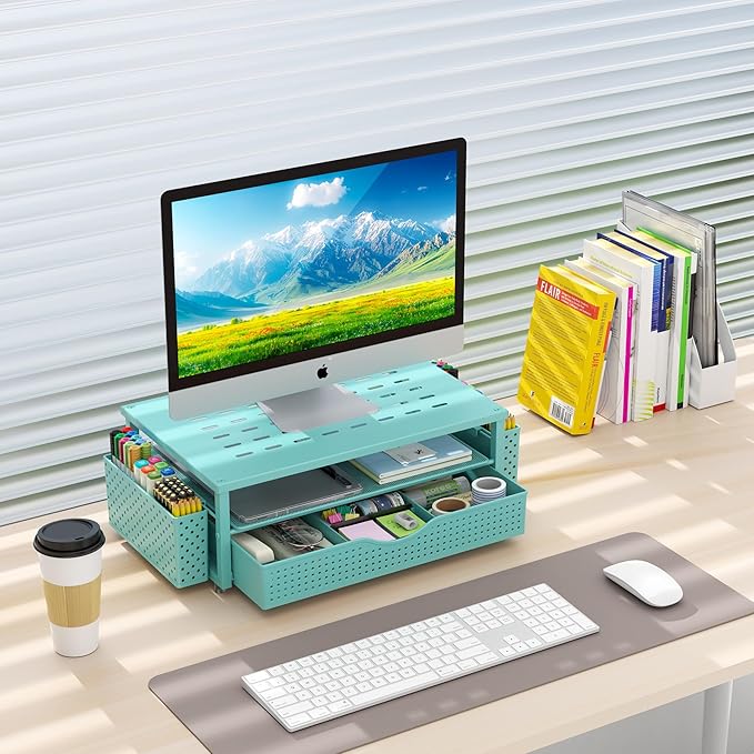 gianotter Desk Organizers and Accessories, Monitor Stand with Drawer and 2 Pen Holder, Desktop Organizer Suitable for Offices and Dormitories (Blue)-NeatNest