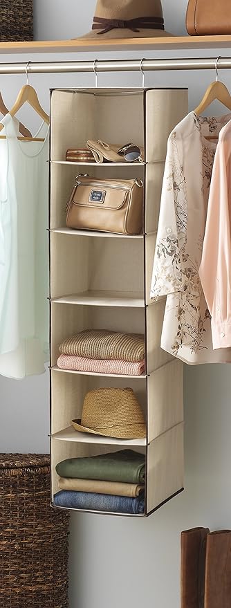 Whitmor Closet Organizer Heavy Duty Canvas 6 Shelf Hanging Accessory Bag, 6 Section, Off- White-NeatNest