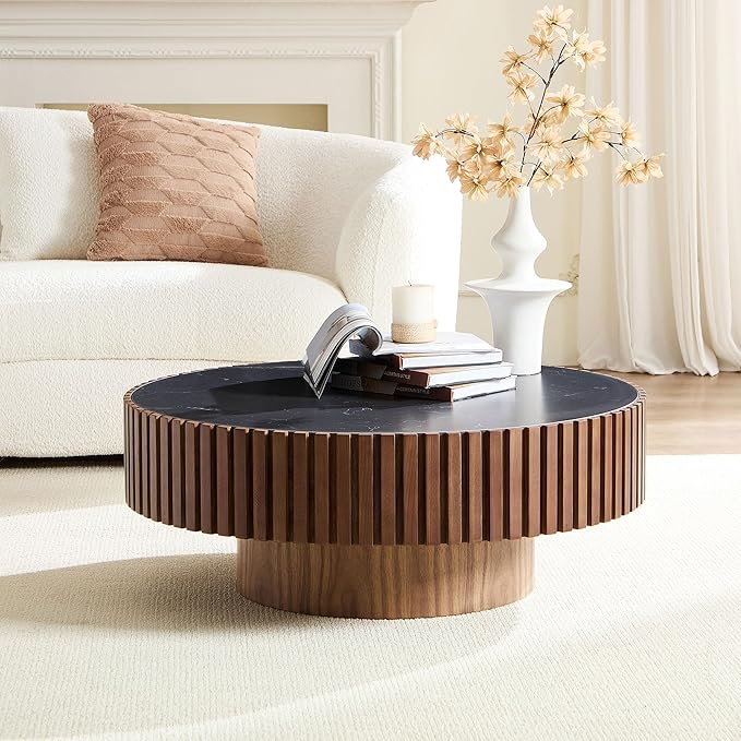 Coffee Table Stone Round 35.43'' for Living Room Modern Coffee Tables Wood Circle Drum Tea Fluted Solid Wooden Veneer Sintered Tabletop Handcraft Home Furniture for Apartment Easy Assembly Walnut-NeatNest