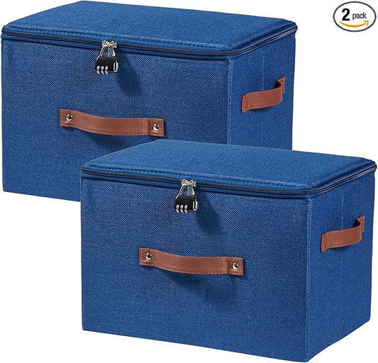 2PCS Storage Bins Box with Zipper Lid Combination Lock PU Leather Handles Cotton Linen Fabric Lidded Lockable Basket Foldable Washable Closet Shelf Organizer Container (Deep Blue, Large)