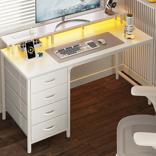 Huuger 47 Inch Computer Desk with Power Outlets and LED Lights, Gaming Desk with 4 Drawers, Office Desk with Monitor Stand, Study Work Home Office, Small Spaces, White-NeatNest