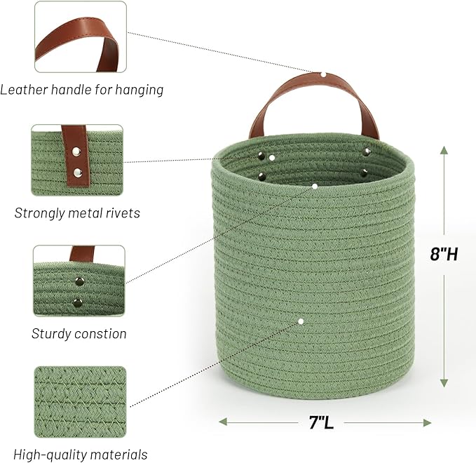 DULLEMELO Hanging Basket with Handle, Set of 2 Small Rope Hanging Wall Baskets for Decor, 7 X 8 Inches Woven Fern Hanging Storage Basket for Organizing (Green)-NeatNest