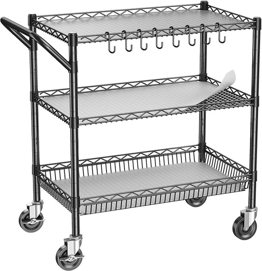 3 Tier Utility Cart with Wheels, Heavy Duty Rolling Cart 1050lbs, Commercial Grade Kitchen Trolley with Handle Bar&Shelf Liner, Mobile Metal Trolley for Warehouse Garage Kitchen