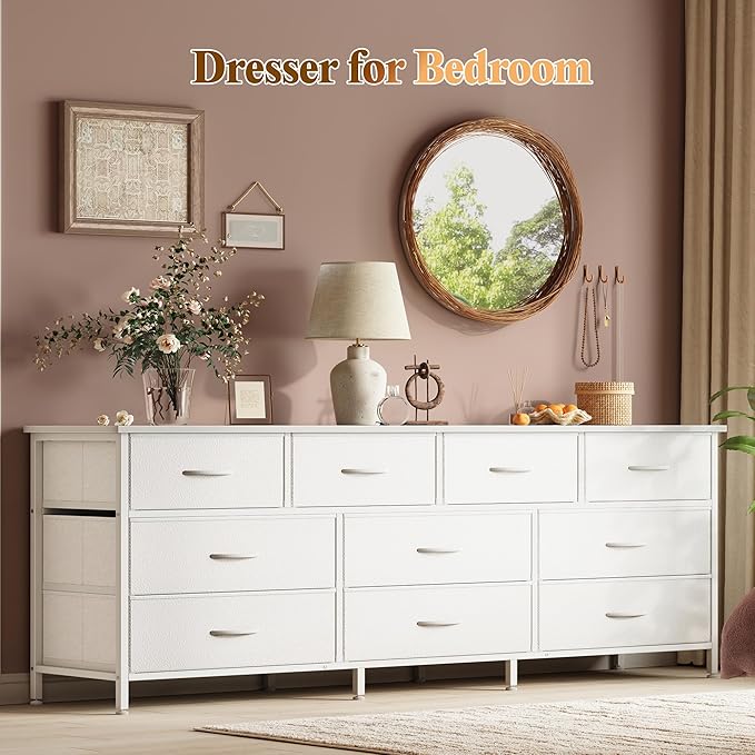 Huuger 63 Inch Dresser for Bedroom, Long Dresser with 10 Fabric Drawers, TV Stand for 55, 65, 70 Inch TV, Toy Storage Organizer for Closet, White-NeatNest