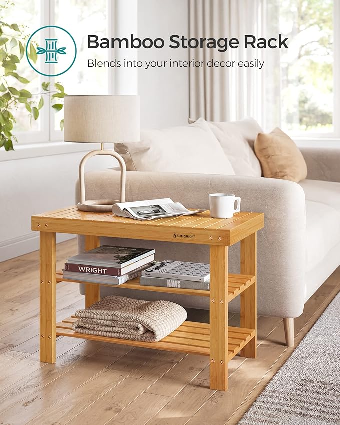SONGMICS Shoe Rack Bench, 3-Tier Bamboo Shoe Storage Organizer, Entryway Bench, Holds Up to 286 lb, 11.3 x 27.6 x 17.8 Inches, for Entryway Bathroom Bedroom, Natural ULBS04N-NeatNest