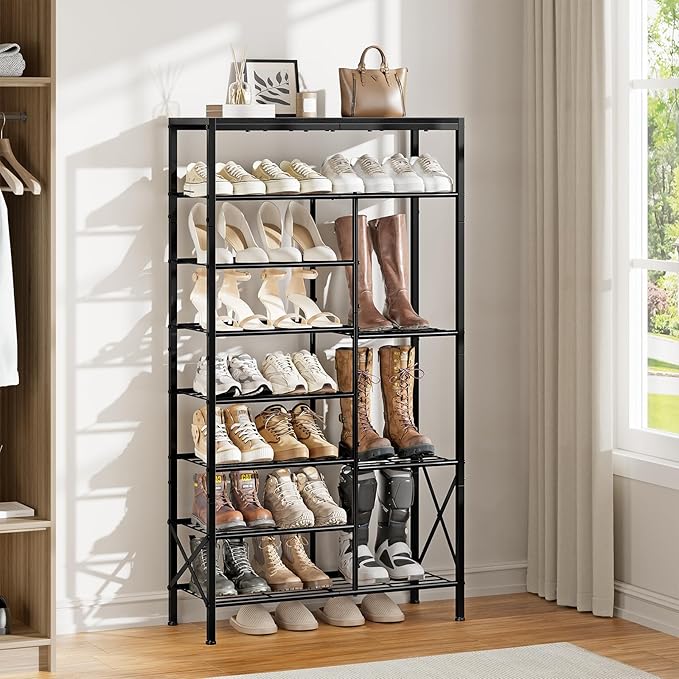 8-Tier Shoe Rack, Shoe Storage Organizer with Boots Storage, Large Capacity Shoe Shelf Holds 20-23 Pairs of Shoes, Durable and Stable, for Entryway, Closet, Hallway, Dorm Room, Black-NeatNest