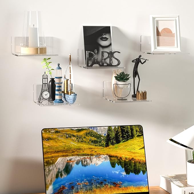 6 Inches Acrylic Small Wall Shelves 2 Pack, Floating Shelf for Wall Mounting, Acrylic Display Ledges for Funko Pop Figures, Home Décor, Living Room, Gaming Room, Plants(6 inch, Clear)-NeatNest