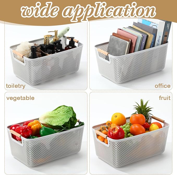 4 Pcs Plastic Mesh Baskets with Handles - Mesh Storage Organizer Bin Container Baskets for Home Organizing Pantry Closet Cabinet Kitchen Fridge Fruit Snacks Gifts, Grey (Large)