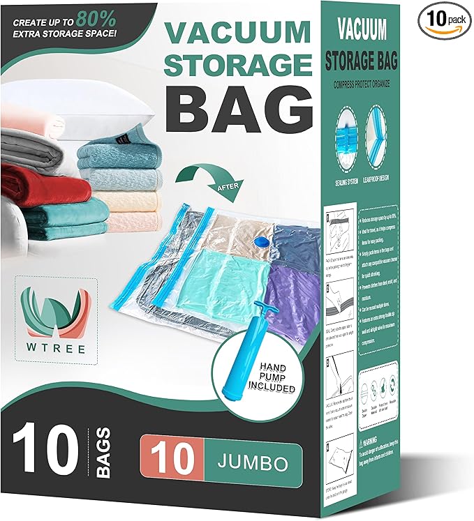 Vacuum Storage Bags, Space Saver Bags, Vacuum Sealed Bags for Comforters, Blankets, Clothes Storage, Hand Pump Included, 10-Jumbo-NeatNest