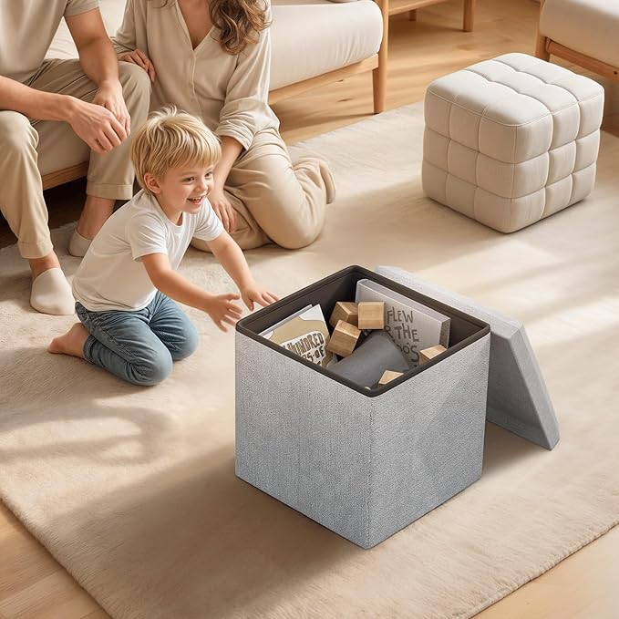 Ottoman Folding Storage Bench, 15x15x15 Inch, Foot Rest Stool for Living Room, Bedroom, Entryway, End of Bed - Multi-Functional Ottoman with Storage Light Gray
