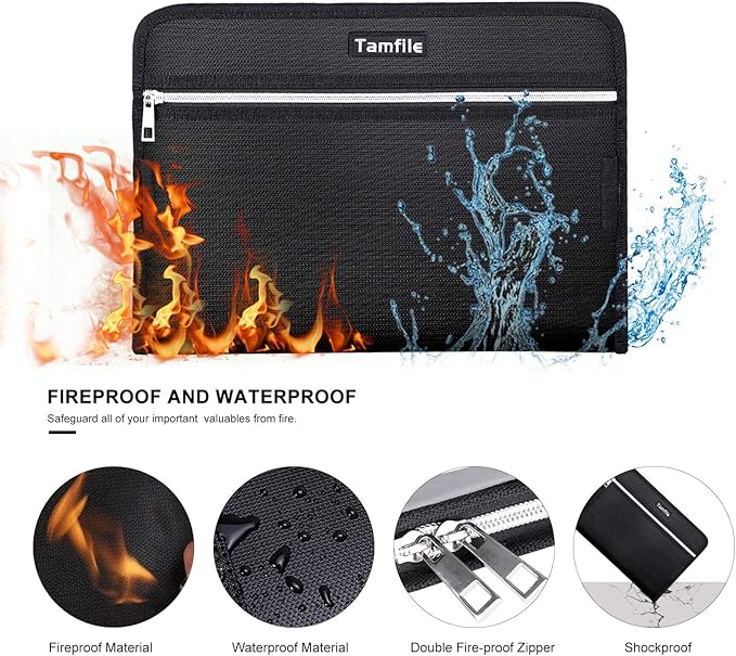 Tamfile Fireproof Waterproof Safe Expanding File Folder Accordion Document Organizer with 24 Pockets Portable Money File Bag Filing Holder and Lables/3Zippers A4 Letter Size (Black,14.3" 9.8")