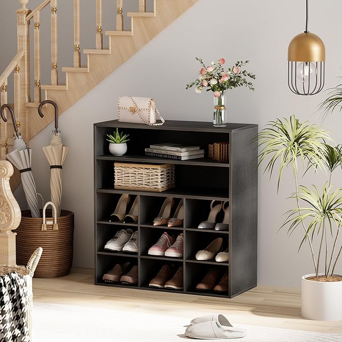 Garden 4 you Shoe Rack Organizer, 5-Tier Wood Cubby Shoe Rack with 2 Storage Shelf and 9 Cubbies, Shoe Organizer Cabinet for Entryway, Hallway, Closet and Garage,Black-NeatNest