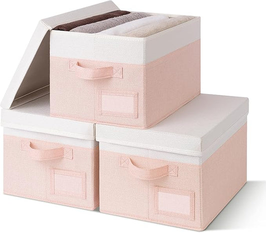 GRANNY SAYS Stackable Storage Bins with Lids, Decorative Closet Organizers, 3-Pack, Pink & Ivory-NeatNest