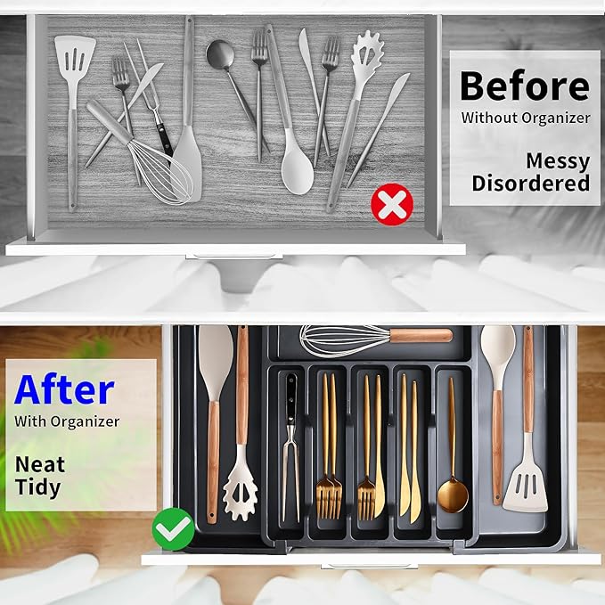 INFTYLE Kitchen Utensil Drawer Organizer,Expandable Utensil tray for Kitchen,Plastic Spatula Tools Adjustable Cutlery Storage for Forks, Knives, Multipurpose Kitchen Organizers,Black-NeatNest