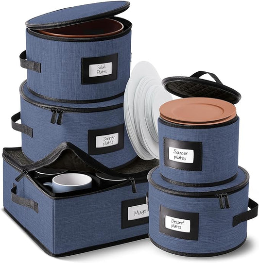 Fine China Storage Containers, 5 Piece Quilted Dish Storage Containers, Mug, Cup, and Plate Dish Organizer with Felt Dividers, Service of 12 Dinnerware Boxes for Moving, Seasonal Organization, Blue-NeatNest