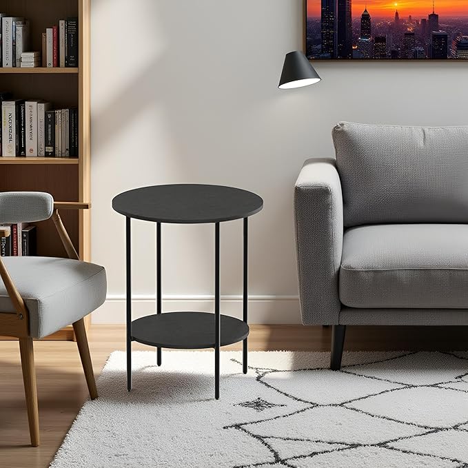 Side Table,Round End Table with 2 Storage Shelves| Compact Side Tables for Living Room, Couch, Office & Bedroom | Narrow Accent Table as Space-Saving Small Bedside Table 18x18x22in(Black)