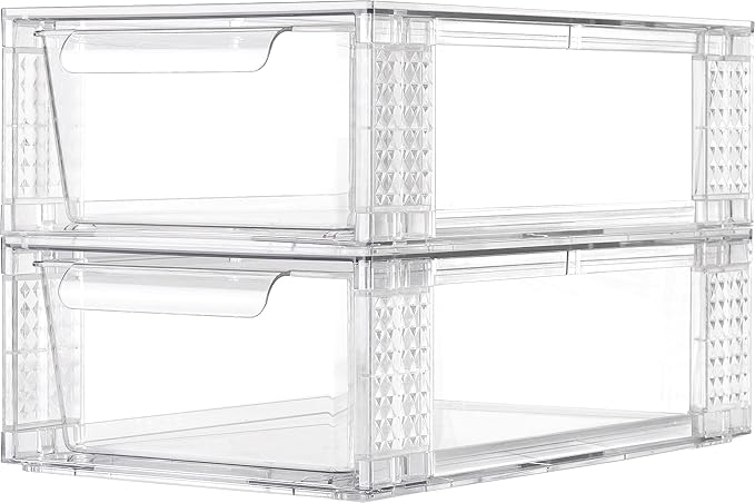 2 Pack Clear Stackable Storage Drawers, 3.95" H Easily Assemble Acrylic Organizer Bins - Multi-Use for Make up, Closet, Pantry, Bathroom, Medicine, Kitchen Cabinet & Undersink Organization-NeatNest