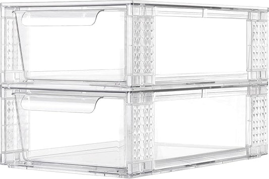 2 Pack Clear Stackable Storage Drawers, 3.95" H Easily Assemble Acrylic Organizer Bins - Multi-Use for Make up, Closet, Pantry, Bathroom, Medicine, Kitchen Cabinet & Undersink Organization-NeatNest