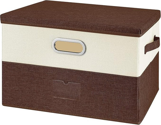 Large Linen Fabric Foldable Storage Bins with Removable Lid and Handles, Washable Storage Box Organizer Containers Baskets Cube with Cover for Bedroom,Closet,Office (Coffee&Cream, Medium)-NeatNest