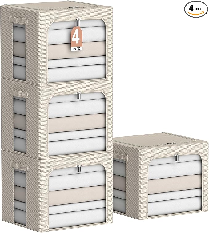 4 Pack Clothes Storage Bins - Oxford Fabric Metal Frame Storage Box - Foldable Stackable Container Organizer Set with Clear Window & Carry Handles & Zippers (Beige, 15.7"x11.8"x11.8")-NeatNest