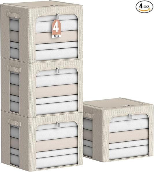 4 Pack Clothes Storage Bins - Oxford Fabric Metal Frame Storage Box - Foldable Stackable Container Organizer Set with Clear Window & Carry Handles & Zippers (Beige, 15.7"x11.8"x11.8")-NeatNest