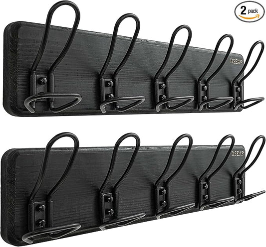 Dseap Coat Rack Wall Mounted - Heavy Duty Farmhouse Rustic Wall Coat Hanger with 5 Wire Hooks for Clothes Hat Jacket Towel, RusticWire, G25A, Black, Pack of 2-NeatNest