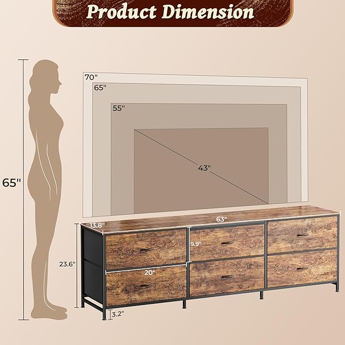 Huuger 63 Inch Long Dresser for Bedroom, Wide TV Stand for 55, 65, 70 Inch TV, 6 Drawer Dresser for Closet with Fabric Drawers, Storage Organizer for Bedroom, Entryway, Rustic Brown-NeatNest