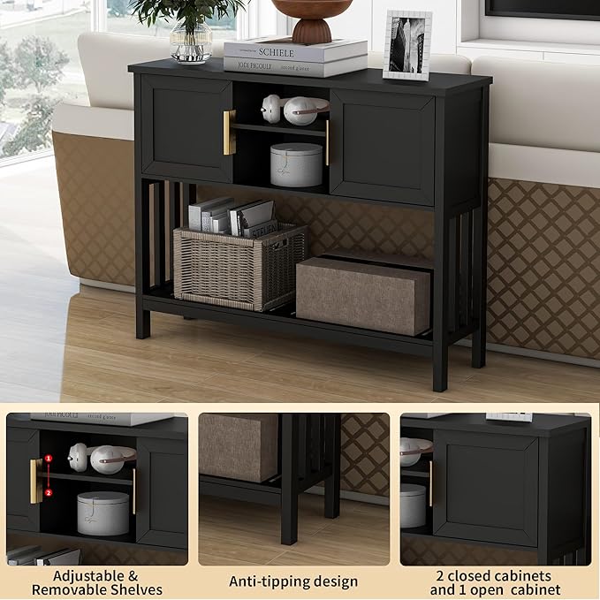 Entryway Console Table with 2 Doors & Storage & Shelf, Sofa Table Entrance Entry Way Table, Hallway Foyer Behind Couch Table (Black with 2 Doors)-NeatNest