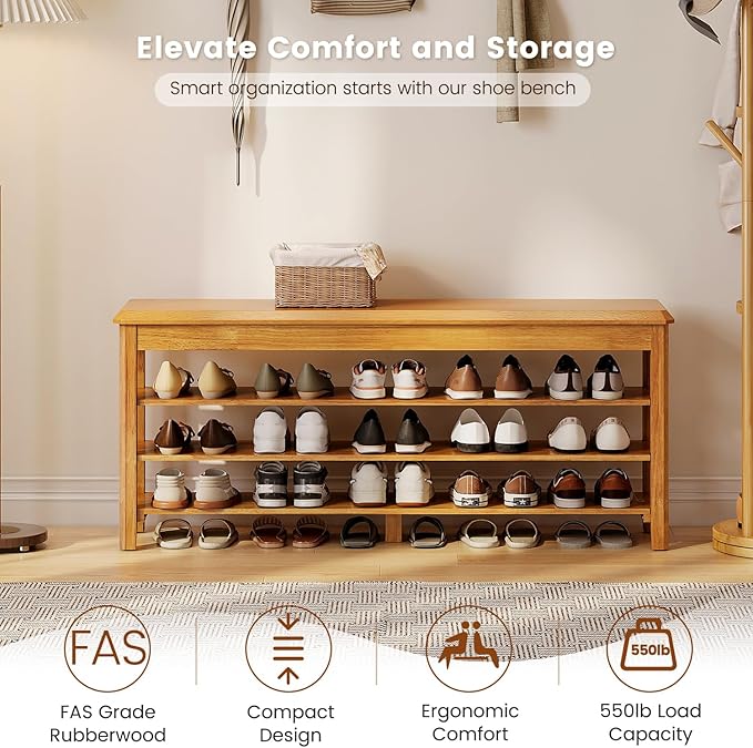 Shoe Rack Bench Seat Rubberwood 3-Tier Wooden Storage Bench 550lbs Compact Mid-Century Modern Design for Entryway, Hallway, Closet, Front Door Entrance, Foyer