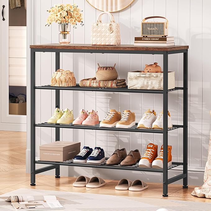 usikey 4-Tier Shoe Rack, Industrial Shoe Storage Organizer for 9-12 Pairs of Shoes, Metal Shoe Shelf with Wooden Top, Shoe Stand with 3 Metal Shelves for Entryway, Hallway, Closet, Rustic Brown-NeatNest