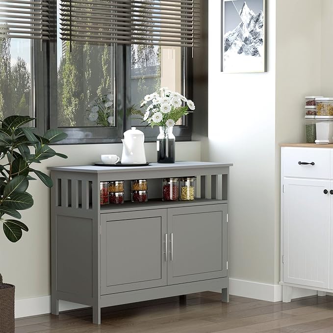 HOMCOM Sideboard Buffet Cabinet, Modern Coffee Bar Cabinet with 2-Level Shelf and Open Compartment, Grey-NeatNest