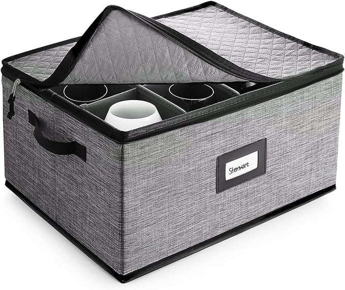 Hearth & Harbor Wine Glass Storage Box with Dividers, Quilted and Stackable Stemware Storage Cases, Service of 12 Glass China Container Hard Shell for Moving and Organization, Grey-NeatNest