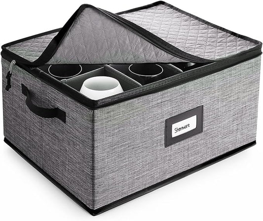 Hearth & Harbor Wine Glass Storage Box with Dividers, Quilted and Stackable Stemware Storage Cases, Service of 12 Glass China Container Hard Shell for Moving and Organization, Grey-NeatNest