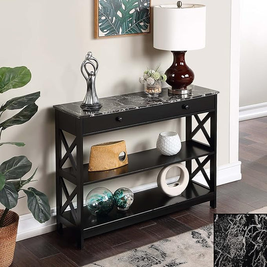 Convenience Concepts Oxford 1 Drawer Console Table with Shelves, Black Faux Marble/Black-NeatNest