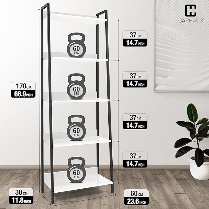 CAPHAUS 5 Tier Ladder Bookshelf, 24 Inch Width Free Standing Shelf, Bookcase Shelf Storage Rack Organizer, Industrial Book Shelves for Home Office, Living Room, Kitchen, White, Vintage Shelves-NeatNest