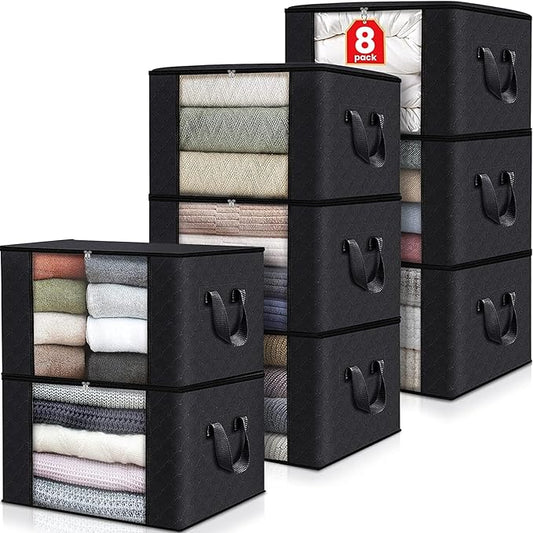 Fab totes 8 Pack Clothes Storage, Foldable Thick Fabric Blanket Storage Bags, Containers for Organizing Bedroom, Closet, Clothing, Comforter,Closet Organization with Handle,Black-NeatNest