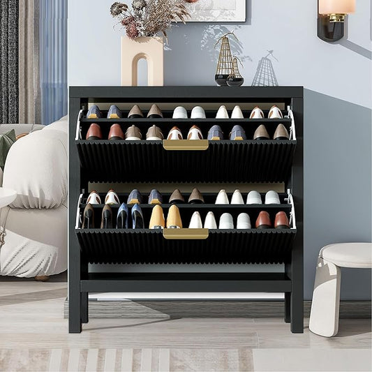 Modern 2-Tier Flip Drawer Shoe Cabinet, Freestanding Hidden Slim Narrow Shoe Rack Cabinet, Wooden Large Capacity Shoe Storage Cabinet Shoe Organizer, for Entryway, Hallway, Black-NeatNest