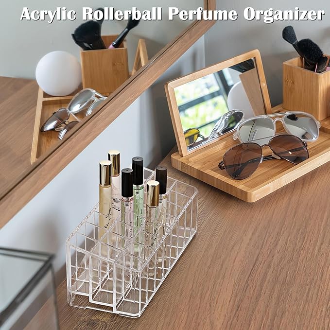 ELLDOO Rollerball Perfume Organizer, 24 Spaces Clear Acrylic Perfume Storage Holder Beauty Scent Holder, Makeup Lipgloss Lipstick Display Case-NeatNest
